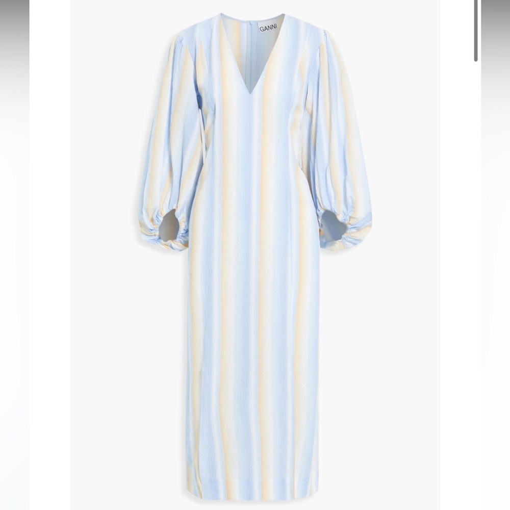 GANNI Striped Cotton-Blend Seersucker Midi Dress Size 38